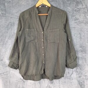 Zara Top Small Green Linen Boho Beach Coastal Cruise Resort Vacation Button Down